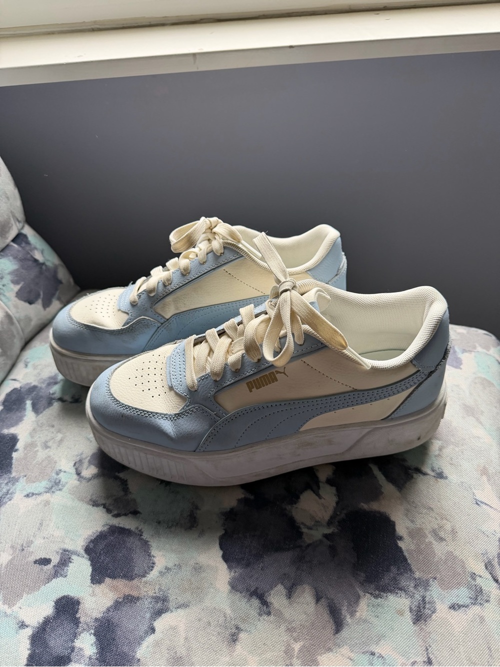 Puma Women's Cream and Light Blue Platform Sneakers - Chunky Lace-Up